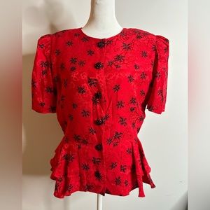 Vtg Lauren Alexandra 100% silk red peplum top Size Small